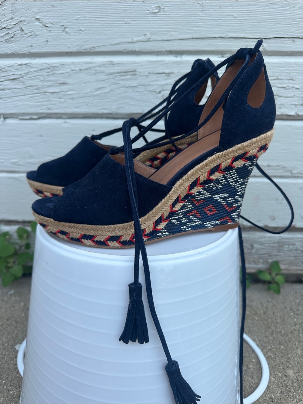 Navy Cabi Lace-Up Espadrille Wedge Sandals